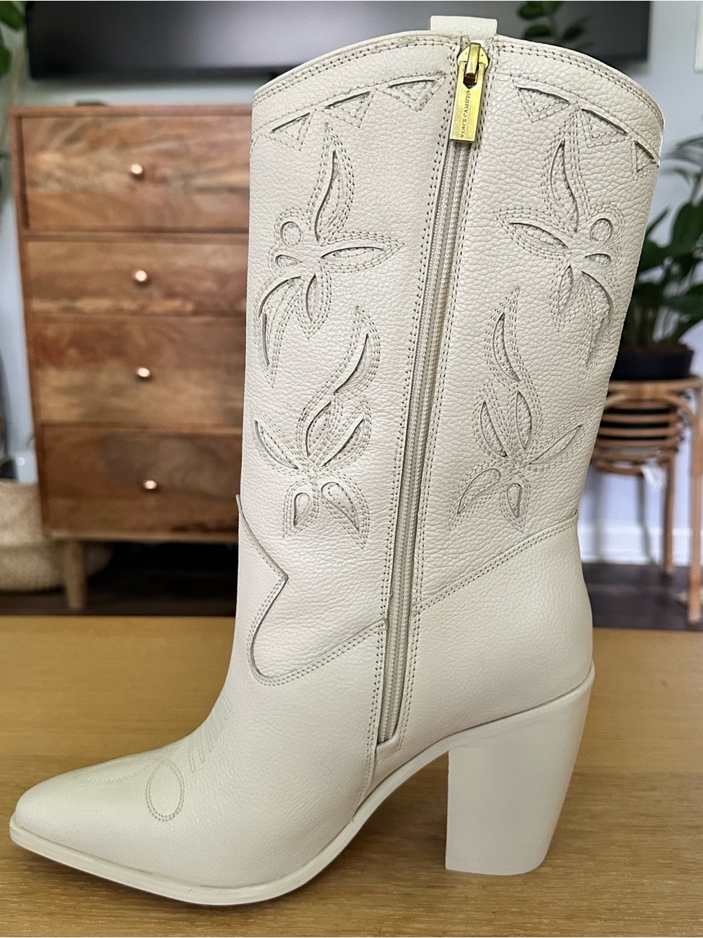 Vince Camuto Women's Cream Western-Inspired Zip Mid-Calf Cowgirl Boot